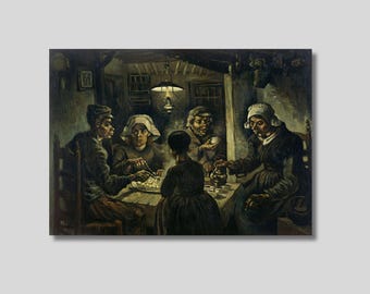 May include: A painting of a family seated around a table, lit by a hanging lamp. The figures, in dark clothes and white head coverings, are eating a meal. The artwork has a sombre, rustic atmosphere, with a focus on the figures.
