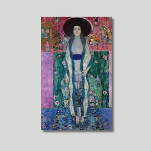 May include: A vertical painting featuring a woman in a long, patterned robe and a large black hat. The background is a mix of colors, including pink, green, and blue, with floral and abstract designs. The artwork has a classic, artistic style.