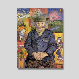 May include: A framed print of a portrait of a man in a blue coat and hat, with a yellow collar. The background features several smaller paintings with landscapes and figures. The artwork is a reproduction of a painting.