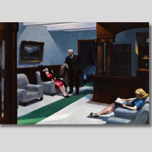 May include: An interior painting depicts a waiting room scene. A woman in a red dress and black coat sits in a chair, while a man in a suit stands nearby. Another woman reads a book in a chair. The room has a blue and green color scheme.