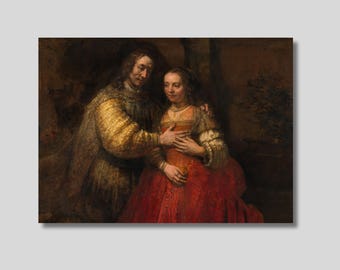 May include: A painting depicting two figures in historical attire. One figure, in a gold-toned garment, has their arm around the other, who is wearing a red dress. The artwork has a dark, dramatic ambiance.