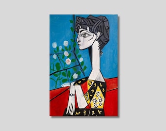 May include: A cubist-style painting of a woman in profile, set against a blue backdrop with white flowers and green foliage. The woman wears a black and yellow patterned dress and a silver bracelet. The painting has a red background.