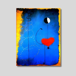 Può includere: Stampa artistica astratta con un cuore rosso vibrante, una luna crescente in bianco e nero e punti bianchi su uno sfondo blu intenso. L'opera d'arte ha un bordo giallo e arancione.