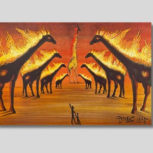 May include: An artistic painting depicts a surreal scene of giraffes with fiery manes and a central giraffe with a red neck. A small figure stands in front of the giraffes. The artwork is set against a warm, orange-toned background.