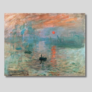 May include: Impressionist painting of a harbor scene at sunset. The artwork features a vibrant orange sun reflecting on the water, with boats and industrial structures in silhouette. The color palette includes blues, greens, and oranges.