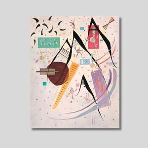 Puede incluir: Impresión artística abstracta con formas geométricas y líneas en varios colores. La obra de arte incluye un gran círculo marrón, triángulos negros y formas rectangulares en verde azulado y rosa. El fondo es de color crema claro con pequeños puntos.