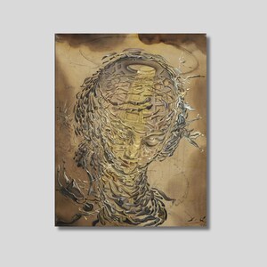 May include: An abstract painting featuring a stylized human head with a complex, layered structure. The artwork uses a muted color palette of browns and tans, with intricate details suggesting a surreal or dreamlike quality. The head is the central focus.