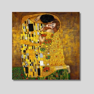 May include: A reproduction of Gustav Klimt's painting, "The Kiss." The artwork depicts a couple embracing, wrapped in patterned robes of gold, yellow, and black. The background is a textured, golden hue, with touches of green and red.