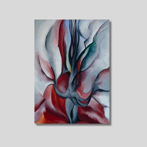 May include: Abstract painting with a floral theme. The artwork features flowing shapes in shades of red, gray, and white, with hints of blue and green. The composition is dynamic and evokes a sense of movement.