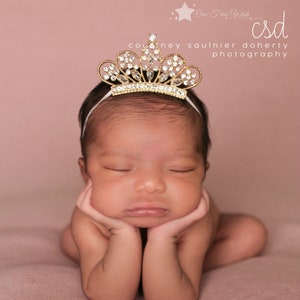 Gold Baby Tiara Crown, elastic headband, tiara baby, crown baby, gold tiara, gold crown, newborn tiara, princess tiara, baby tiara headband image 1