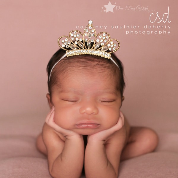 Gold Baby Tiara Crown, elastic headband, tiara baby, crown baby, gold tiara, gold crown, newborn tiara, princess tiara, baby tiara headband