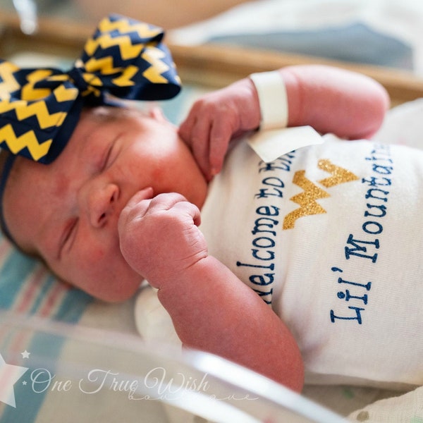 WVU baby, boutique bow, blue and gold, girl hair bow, baby hair bow, big hair bow, newborn hair bow, hair clip, baby girl headband, WVU