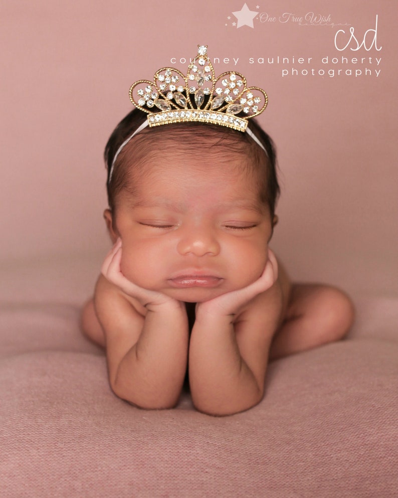 Gold Baby Tiara Crown, elastic headband, tiara baby, crown baby, gold tiara, gold crown, newborn tiara, princess tiara, baby tiara headband image 1