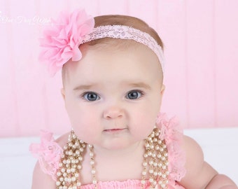 Pink headband, light pink, infant headband, elastic headband, baby headband, lace headband, newborn headband, baby girl headband, headband
