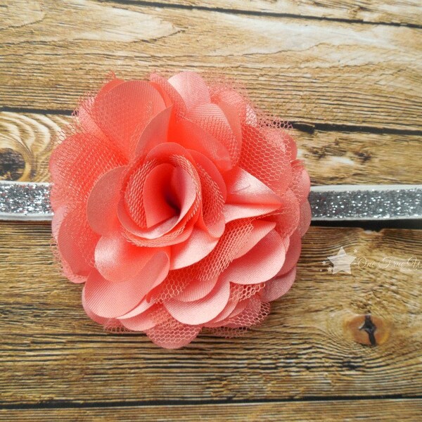 Coral headband, silver glitter, elastic headband, baby headband, infant headband, newborn headband, girl headband, hair clip, baby girl