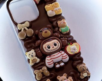 Kawaii Bear Decoden Phone Case, Brown Cream Glue, Custom Model