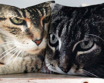 Könnte beinhalten: Zwei dekorative Kissen mit Nahaufnahmen von Katzenköpfen. Das Kissen links zeigt eine getigerte Katze mit braunem und weißem Fell. Das Kissen rechts zeigt eine schwarz-graue getigerte Katze.