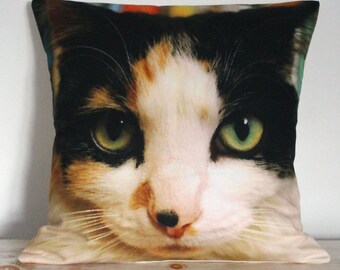 Könnte beinhalten: Nahaufnahme eines Kaliko-Katzenkopfes auf einem Kissen. Die Katze hat grüne Augen und ein weißes, schwarzes und orangefarbenes Fell.