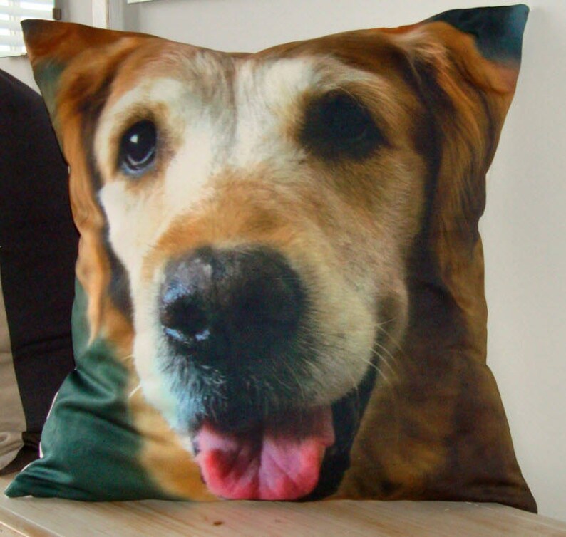 K&ouml;nnte beinhalten: Ein Kissen mit dem Bild eines braunen und wei&szlig;en Hundes mit einer langen Schnauze und gro&szlig;en braunen Augen. Der Hund streckt seine Zunge heraus und hat einen fr&ouml;hlichen Ausdruck.