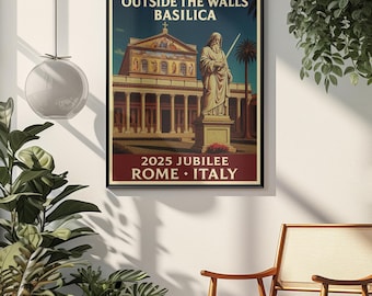 May include: A framed poster featuring the Saint Paul Outside the Walls Basilica in Rome, Italy. The poster includes the text "2025 Jubilee Rome Italy" and a depiction of a statue and the basilica. The poster is displayed on a white wall.