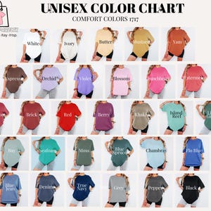 Pode incluir: Um gr&aacute;fico de cores de camisetas unissex em v&aacute;rias cores, incluindo branco, marfim, manteiga, mostarda, inhame, expresso, orqu&iacute;dea, violeta, flor, cranberry, melancia, carmesim, tijolo, vermelho, baga, c&aacute;qui, recife da ilha, verde claro, ba&iacute;a, espuma do mar, musgo, abeto azul, chambray, flo blue, cal&ccedil;a jeans azul, jeans, azul marinho, cinza, pimenta e preto. O texto "UNISEX COLOR CHART" est&aacute; no topo.