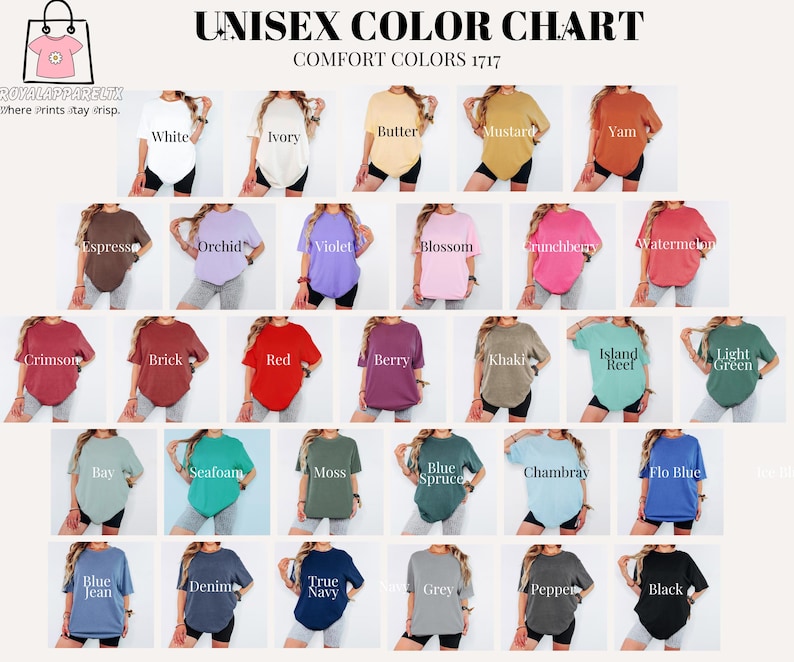 Pode incluir: Um gr&aacute;fico de cores de camisetas unissex em v&aacute;rias cores, incluindo branco, marfim, manteiga, mostarda, inhame, expresso, orqu&iacute;dea, violeta, flor, cranberry, melancia, carmesim, tijolo, vermelho, baga, c&aacute;qui, recife da ilha, verde claro, ba&iacute;a, espuma do mar, musgo, abeto azul, chambray, flo blue, cal&ccedil;a jeans azul, jeans, azul marinho, cinza, pimenta e preto. O texto "UNISEX COLOR CHART" est&aacute; no topo.