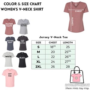 May include: A colour and size chart for a women's V-neck shirt. The chart shows various colours: heather mauve, athletic heather, heather navy, dark grey heather, white, black, and soft pink. Measurements are provided in inches for chest and length.