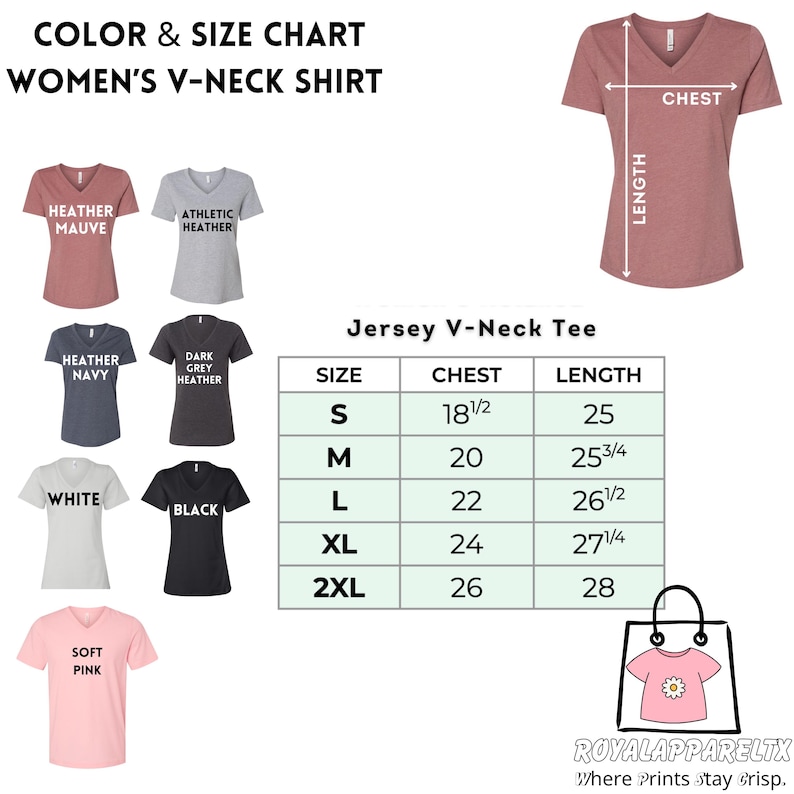 May include: A colour and size chart for a women's V-neck shirt. The chart shows various colours: heather mauve, athletic heather, heather navy, dark grey heather, white, black, and soft pink. Measurements are provided in inches for chest and length.