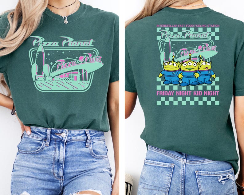 May include: Teal green t-shirt featuring a Pizza Planet design with a rocket, restaurant, and text. The back of the shirt has the text "Interstellar Fast-Food Fueling Station" and three green aliens in blue jumpsuits. The text "Friday Night Kid Night" is also on the back.