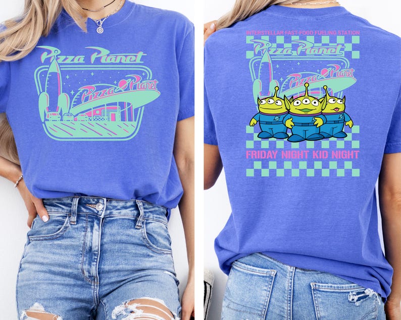 May include: A blue t-shirt featuring the Pizza Planet logo on the front and back. The front design includes a rocket ship and the words "Pizza Planet." The back of the shirt has three green aliens and the text "Friday Night Kid Night."