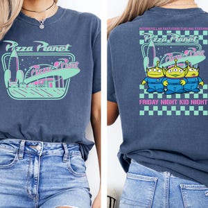 Comfort Color® Pizza Planet Checkered Toy Story Shirt, Disney Aliens Tee, Toy Story Aliens Tee, Kids comfort Colors, back and front image 5