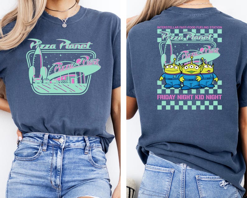 Comfort Color® Pizza Planet Checkered Toy Story Shirt, Disney Aliens Tee, Toy Story Aliens Tee, Kids comfort Colors, back and front image 5