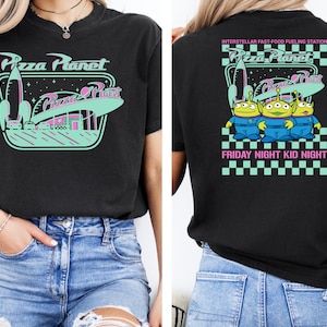 Comfort Color® Pizza Planet Checkered Toy Story Shirt, Disney Aliens Tee, Toy Story Aliens Tee, Kids comfort Colors, back and front image 2