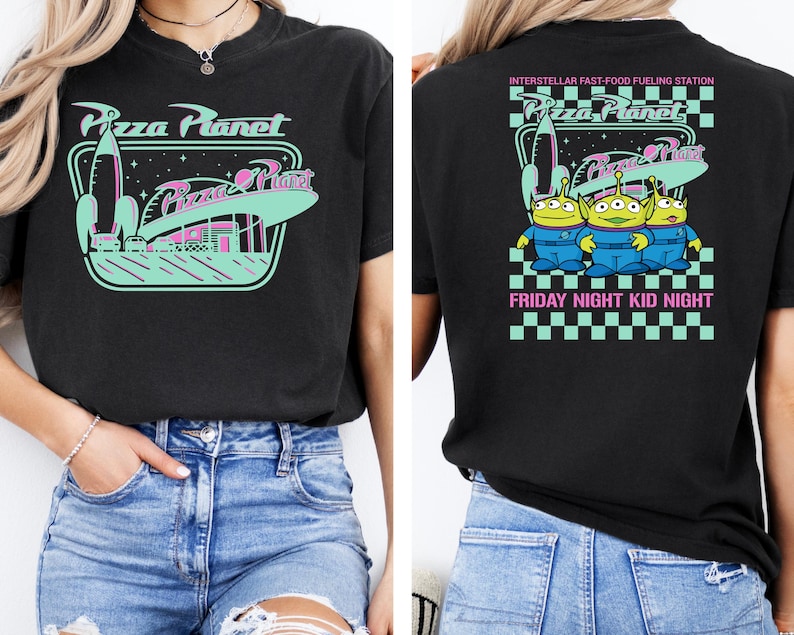 Comfort Color® Pizza Planet Checkered Toy Story Shirt, Disney Aliens Tee, Toy Story Aliens Tee, Kids comfort Colors, back and front image 2