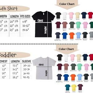 May include: A size chart for youth and toddler t-shirts, with measurements in inches. The chart details chest, length, and sleeve sizes. A colour chart displays t-shirt colours, including black, white, pink, and navy.