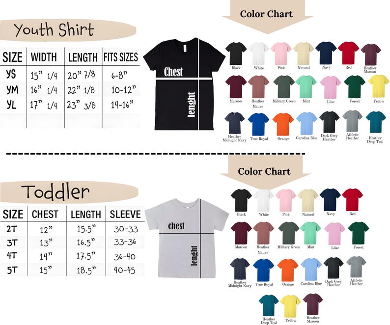 May include: A size chart for youth and toddler t-shirts, with measurements in inches. The chart details chest, length, and sleeve sizes. A colour chart displays t-shirt colours, including black, white, pink, and navy.
