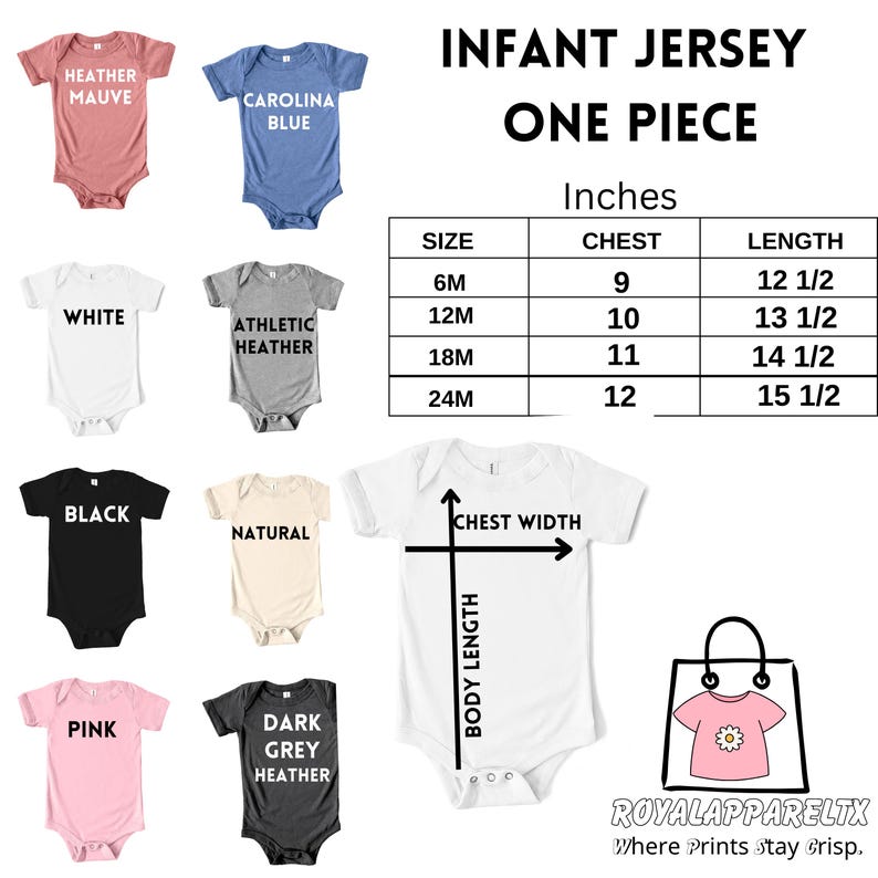 May include: Infant jersey one-piece bodysuits in various colours, including heather mauve, Carolina blue, white, athletic heather, black, natural, pink, and dark grey heather. Size chart in inches is included.