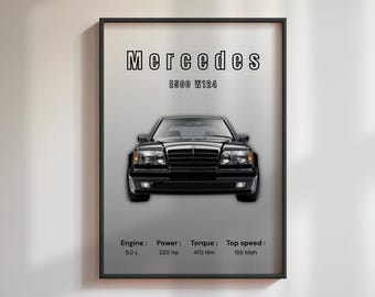 Ingelijste autoposter Mercedes E500 W124: automuurkunst
