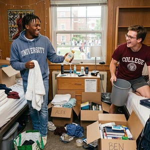 May include: Two students in a dorm room with wood-paneled walls, one wearing a blue University hoodie and jeans holding a white towel and bottle, the other in a maroon College t-shirt and shorts holding a gray bin, surrounded by cardboard boxes.