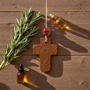 Könnte beinhalten: Ein brauner, kreuzförmiger Diffusor für ätherische Öle mit floralem Design, der an einer Schnur hängt. Eine rot-weiß gemusterte Perle befindet sich über dem Kreuz. Zwei kleine bernsteinfarbene Glasflaschen und ein Rosmarinzweig sind ebenfalls vorhanden.