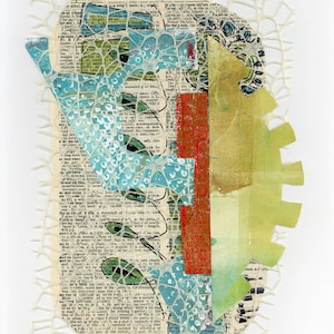 Textural, collage,monoprint, paint, netting, red, green, blue, beige