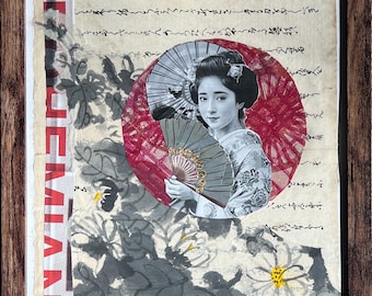 Collage original de retrato de geisha vintage, arte mural japonés de técnica mixta, regalo de decoración para el hogar de inspiración asiática