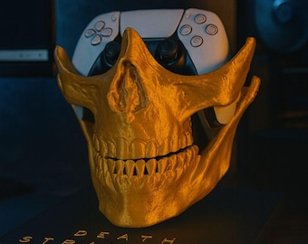 Gold Skull-controllerstandaard – handgemaakt beeldje voor gamingbureau