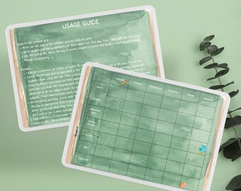 May include: Two rectangular printed sheets with a green watercolor background. One sheet is a usage guide with text instructions. The other is a weekly schedule grid featuring columns for days of the week and rows for subjects like math and science.