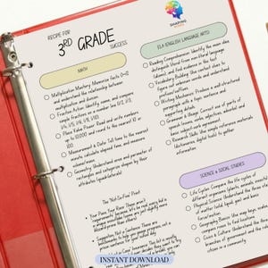 May include: A red binder with a school curriculum guide for 3rd grade. The guide includes topics in math, English language arts, and science. The text includes "Instant Download" at the bottom.