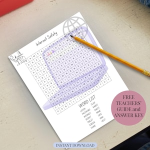 May include: A printed Internet Safety word search puzzle with a pencil resting on top. The puzzle includes a word list and the text "Instant Download" at the bottom. A pink circle reads "Free Teachers' Guide and Answer Key."