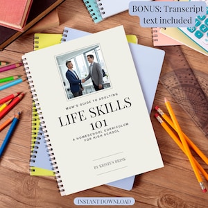 May include: A cream-coloured spiral-bound book titled "Mom's Guide to Adulting: Life Skills 101" with a photo of two men shaking hands. The book is surrounded by pencils, notebooks, and a calculator. The text "Instant Download" is at the bottom.