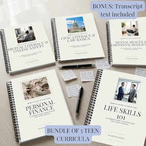 May include: A collection of five spiral-bound homeschool curricula for teenagers, with titles such as "Digital Literacy," "Civic Literacy," and "Life Skills 101." Each book has a photograph and the text "Mom's Guide to Adulting." The text "Bonus: Transcript text included" is also visible.