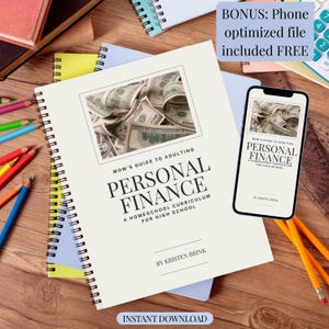 May include: A spiral-bound book titled "Mom's Guide to Adulting Personal Finance" with a picture of money on the cover. A smartphone displays the book's cover. The text "Bonus: Phone optimized file included FREE" is visible.