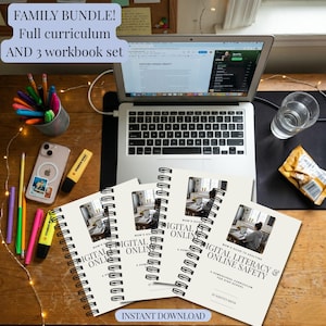 May include: A family bundle set featuring a full curriculum and three spiral-bound workbooks titled Digital Literacy & Online Safety by Kristen Brink. The items are arranged on a wooden desk with a laptop, a cup of pens, a smartphone, and a glass.